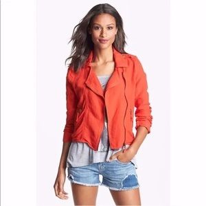 FREE PEOPLE 1970 Red Coral Linen Moto Cropped Jacket Size 4 Asymmetric Zip
